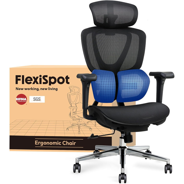 Крісло офісне ергономічне FLEXISPOT з підтримкою попереку, регульованою глибиною сидіння, 3D підлокітниками та нахилом спинки (чорне)