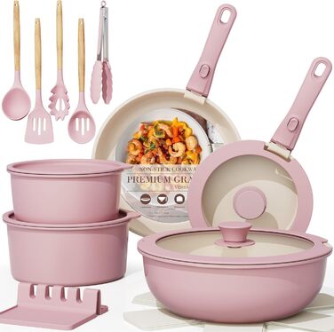 Набір посуду Astercook 21 предмет: каструлі та сковорідки з антипригарним покриттям, керамічний набір посуду, знімні ручки, для дому та кемпінгу, сумісний з індукцією, можна мити в духовці, стаканий