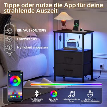 Нічний столик Somdot з підзарядкою, LED, розеткою (USB, Type-C) для спальні, вітальні, дитячої кімнати, чорного кольору, 30x40x60 см (2 висувні ящики)