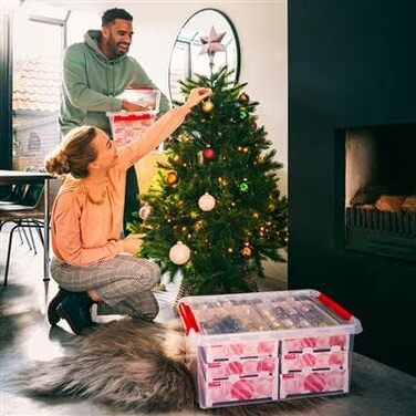 Коробка для прикрас SUNWARE Q-Line 45 л з підносами для 98 ялинкових кульок, прозора/червона