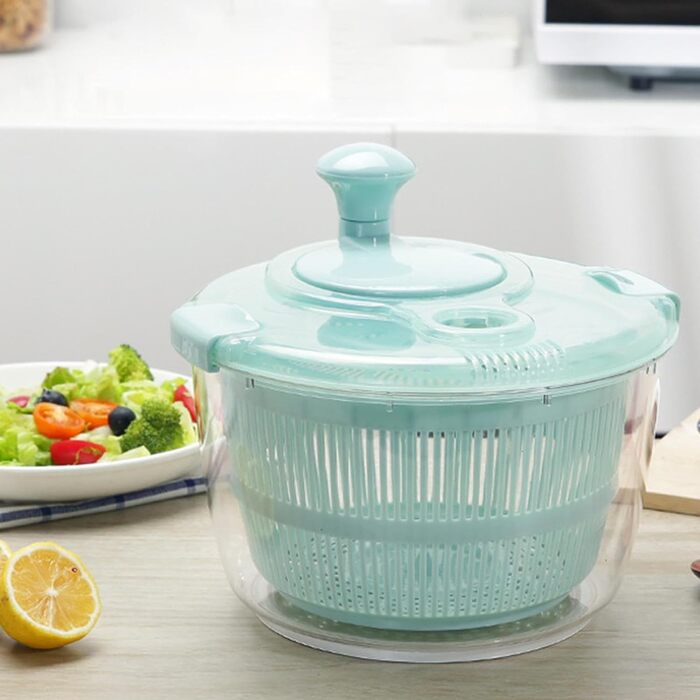 Крутилка для салату з кришкою, кухонний гаджет для миття та сушіння салату, крутилка для салату з кривошипним приводом, ефективне та легке обертання (синій)