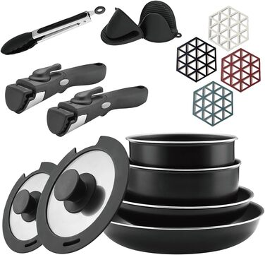 Набір посуду Abizoe з 15 предметів з нержавіючої сталі, з антипригарним покриттям, зі знімними ручками, компактний, Ідеально підходить для домашнього використання
