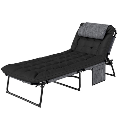 Розкладний шезлонг для саду з підголовником, лежак з регульованою спинкою (4 положення) та бічною кишенею, колір чорний
