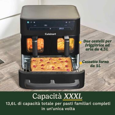 Фритюрниця Cuisinart XXL 10.4L з двозонним нагріванням | Без PFAS та хімікатів | Для смаження, грилю, випікання, дегідратації та підтримання тепла | 2 x 5.2L, 8+ порцій | Знімні деталі, придатні для миття в посудомийній машині (3 камери, чорний)