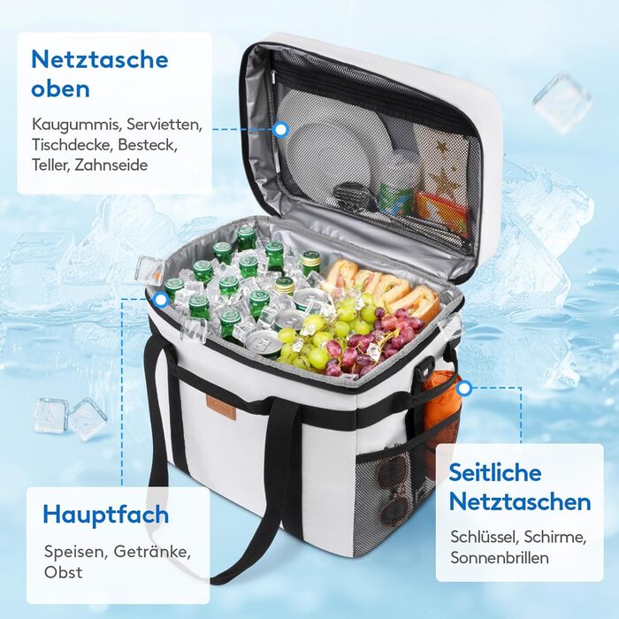 Термосумка-холодильник Lifewit 40л для пікніка, їжі та напоїв (Сірий). Ізольована сумка-холодильник для роботи, кемпінгу, пляжу.