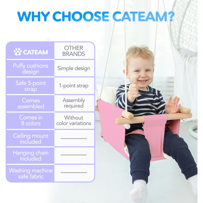 Дитяча гойдалка Cateam з дерева для дому та саду. Безпечний ремінь, від 12 місяців. Різні кольори, рожева.