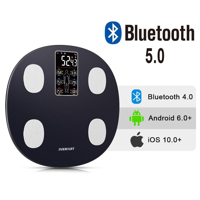 INSMART Розумні ваги для аналізу складу тіла, цифрові ваги з Bluetooth і додатком, вимірювання ваги, ІМТ, жиру, м’язової маси, води, пульсу, білка, BMR, 18 показників