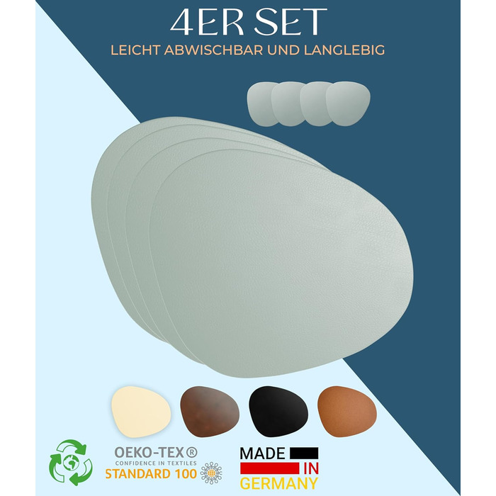 Набори серветок на стіл, 4 шт. – Екологічні, стабільні та неслизькі – Шкіра з переробленої шкіри преміум-якості, Made in Germany (Сучасний стиль), сірі