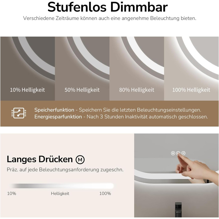 Дзеркало для ванної кімнати EMKE з підсвічуванням 50x90 см овальне, сенсорне керування, 3 кольори світла, регулювання яскравості, антизапарник, функція пам'яті, автовимкнення через 3 години