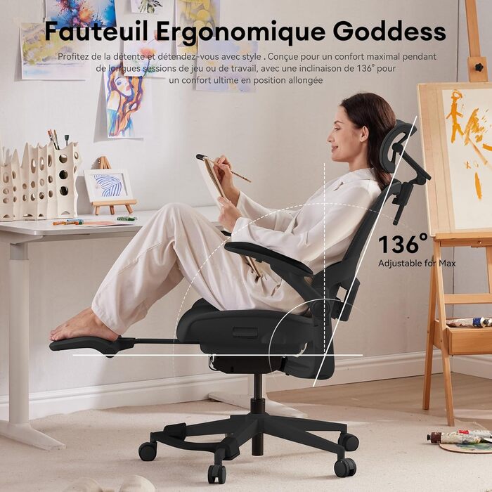 Ергономічне крісло для жінок Musso E80 Muse FemmePosture™ - регулювання нахилу 135°, 3D-підтримка попереку, 17см 4D-підголовник, висувна підніжка, регулювання глибини та висоти сидіння, регульовані підлокітники (Чорний)