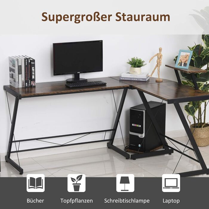 Комп'ютерний стіл HOMCOM, кутовий стіл, письмовий стіл, офісний стіл, ДСП метал, вінтажний коричнево-чорний, 155 x 115 x 91,5 см