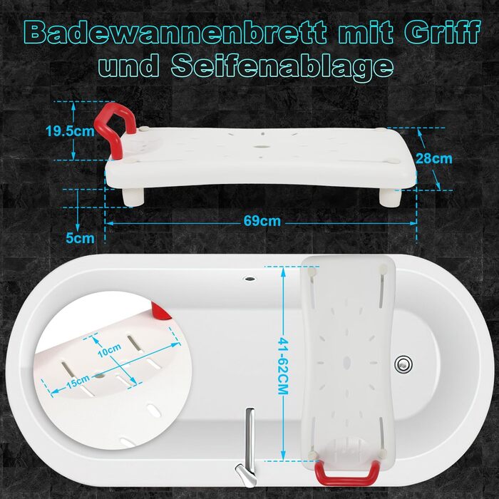 Дошка для ванни Tubiaz з ручкою та піддоном для мила 69x28 см регулюється 41-62 см, сидіння для ванни для дорослих людей похилого віку, дошка сидіння для ванни Душова дошка максимум 150 кг Дошка для ванни з нековзними ручками
