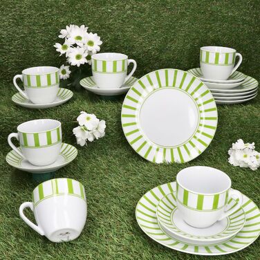 MamboCat Комплект посуду для кави та сніданку 18 предметів, зелений, для 6 осіб | Кавовий сервіз з порцеляни з смужками, 6 чашок 200мл, 6 підставок, 6 тарілок