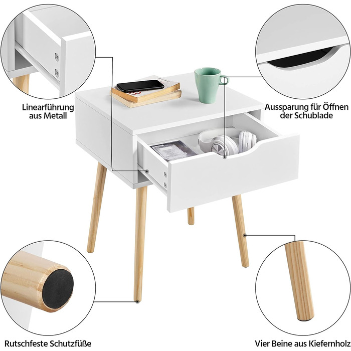 Тумбочка Yaheetech 2 шт. з ящиком і дерев'яними ніжками, скандинавська, біла