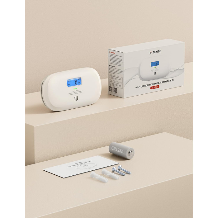 X-Sense Детектор чадного газу XC0C-iR з LCD-дисплеєм, сертифікат TÜV Rheinland, керування через додаток, змінна батарея, 1 шт. Білий