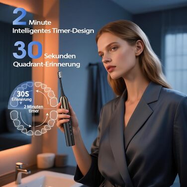 Електрична звукова зубна щітка з 4 насадками та 5 режимами, 50000 VPM, IPX7, таймер 2 хвилини, чорна