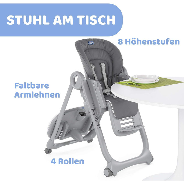 Високий стільчик Chicco Polly Magic Relax з іграшковим столом та зменшувачем для новонароджених, 8 положень по висоті, 4 колеса, Made in Italy, графітовий колір
