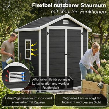 Сарай садовий STEELSØN Novara 192x92x151 см - пластиковий, з вікном, під дерево, темно-сірий, дах двосхилий