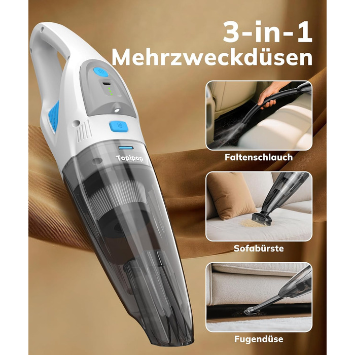 Акумуляторний ручний пилосос для авто та дому, 25000Па, бездротовий з HEPA-фільтром та набором насадок, білий