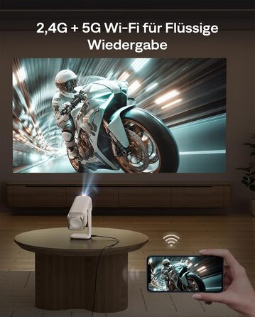 Портативний проєктор Aurzen Boom Air Mini з Google TV та Netflix, 4K, USB-C, Smart, Dolby Audio, WiFi, Bluetooth, автофокус TOF, поворотний штатив, кремово-білий