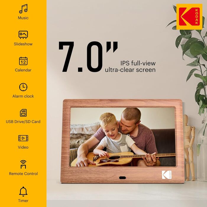 Цифровий фотоальбом Kodak 7 дюймів з IPS екраном, підтримка USB/SD, відтворення фото/музики/відео, календар, будильник, з пультом керування (дерево)