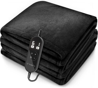 Електрична гріюча ковдра з плюшем | Автоматичне вимкнення | Тепла ковдра з таймером | 9 температурних режимів | Можна прати до 40°C | Цифровий дисплей (200 x 180 см, Чорний)