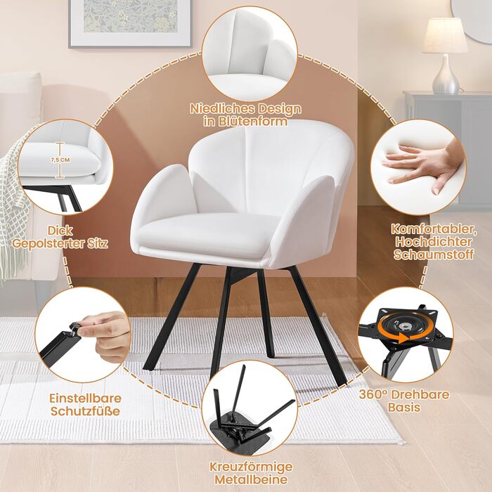 Крісло офісне Yaheetech, біле, 360° обертання, з м'яким сидінням, для дому/офісу