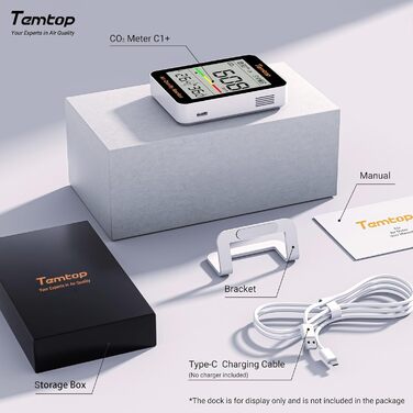 Temtop C1 Монітор CO₂ з термометром та гігрометром - точний вимірювач якості повітря для дому, офісу, школи. CO₂ та вологість з APP