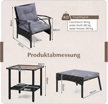 Садовий набір меблів COSTWAY з ротангу, 5 предметів: 2 крісла з подушками, пуф та стіл для балкона, тераси, саду (Чорний + Сірий)