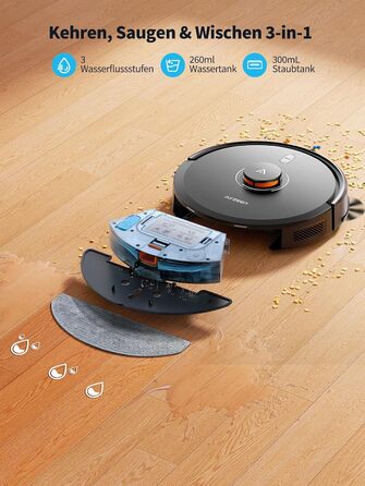 Робот-пилосос Airzeen Q10 Pro S з вологою, LiDAR-навігація, 5000Pa, для тварин, чорний