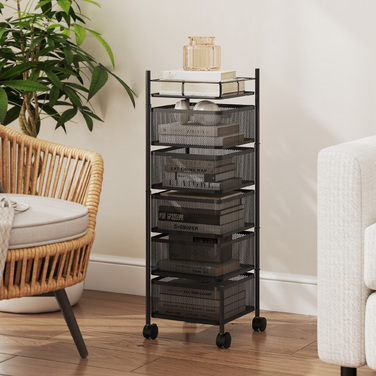 Візок для кухні з 5 обертовими кошиками, 4 поворотними колесами, металевим каркасом, чорного кольору