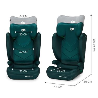 Дитяче автокрісло Kinderkraft i-spark i-Size, група 2/3, 100-150 см, від 3,5 до 12 років, від 15 до 36 кг, Легке (4,5 кг), 3-точковий ремінь безпеки, Бічний захист, Чорний (Зелений)