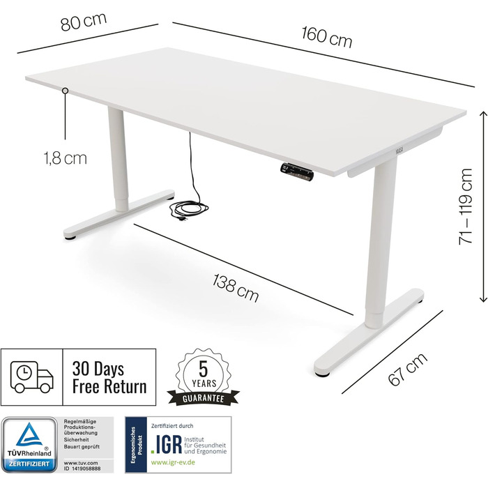 Дитяча парта Yaasa Desk Basic S, 120x70 см, з замком для ключів та USB-портом для зарядки, парта, що росте разом з дитиною (біла, 160 x 80 см)