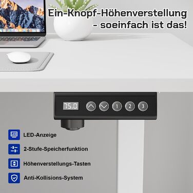 Стіл JUMMICO з регулюванням висоти: міцний каркас, 3 пам'яті, для сидіння та стояння (білий), 100 x 160 см