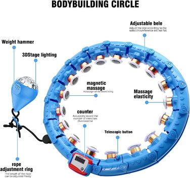 Розумна обручка wepai для дорослих, обруч з вагою з магнітною подушкою для масажу, 24 регульованих рахункових обруча зі світлодіодними гравітаційними кульками для вправ, фітнесу, схуднення, синього кольору