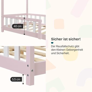 Дитяче ліжко en.casa Hesel для дітей, рожеве, 90x200 см, з бортиками та ламелями, Montessori, дерев'яне, Hausbett