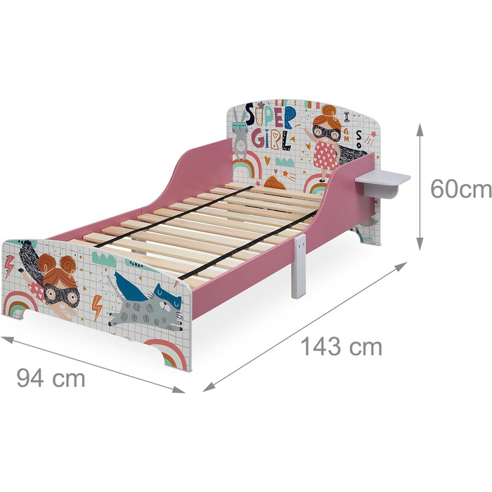Дитяче ліжко Relaxdays, HBD 60 x 94 x 143 см, дитяче ліжко з полицею, захист від випадання, рейковий каркас, супергероїня, МДФ, барвистий