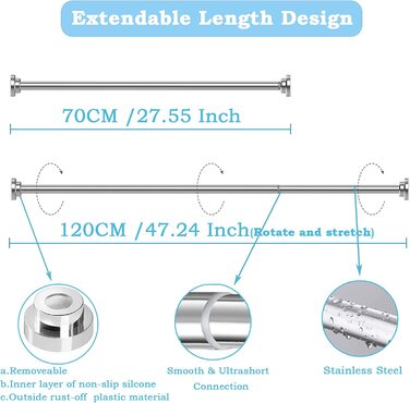 Стрижень для душу з нержавіючої сталі, , без свердління, для завіси для душу, висувний стрижень, завіса для душу для душу, ванни, вікна ванної кімнати, 70-120 см новий дизайн (чисте срібло, 70-120 см (2 шт., 22 мм)