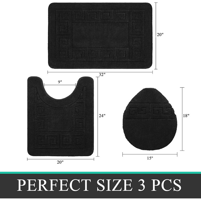 Набір килимків для ванної кімнати Pauwer, 3 шт., нековзні, з мікрофібри, чорні, для ванни, душової кабіни, машинного прання
