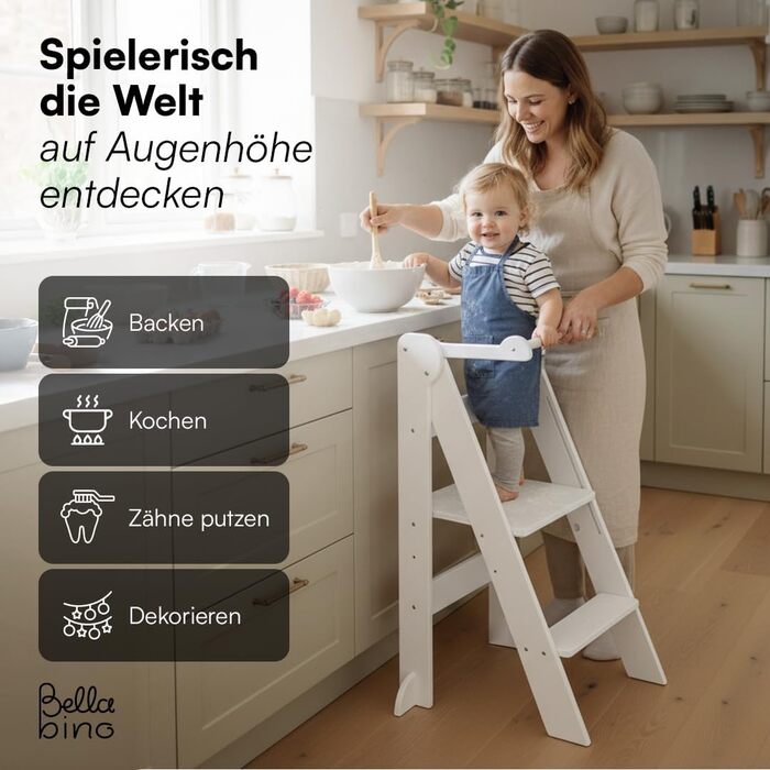 Bellabino Tay – Навчальний столик-лесенка для дітей від 1 року, білий, регульований, з захистом від перекидання, Монтессорі, з берези