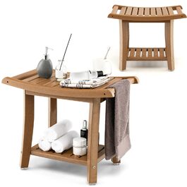 Двомісний стілець для душу HOMASIS з полицею, витримує до 170 кг, з HDPE, з 2 ручками та антиковзними накладками, для літніх людей та дорослих (колір: коричневий)