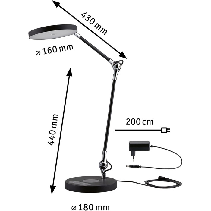 Світлодіодна настільна лампа Paulmann 78910 Numis, з регулюванням яскравості, функція зарядки Qi, 11 Вт, 2,700-6,500K, Чорний