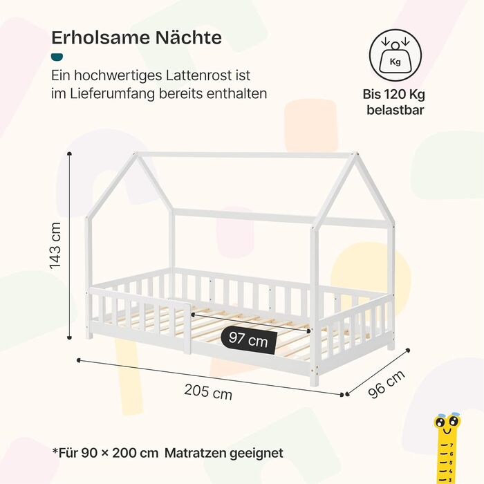 Ліжко дитяче Hesel Hausbett біле 90x200 см з бортиками та ламелями. Монтессорі ліжко-платформа для підлітків. Дерев'яне ліжко від en.casa