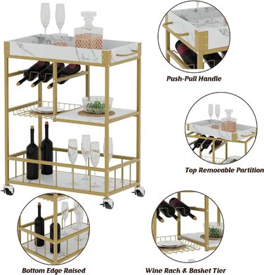 Сервісний візок Huhote з 3 ярусами, білий: візок для вина, кухонний візок з кошиком та відкидним столиком, 64 x 34 x 84 см