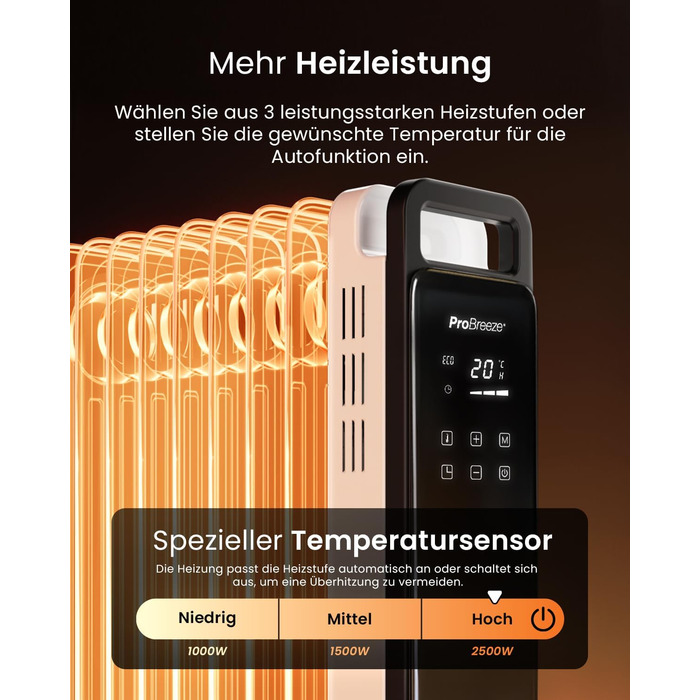 Електричний масляний радіатор Pro Breeze OmniWarm 2500W з 11 ламелями - енергозберігаюча теплова гармата з термостатом, таймером та захистом