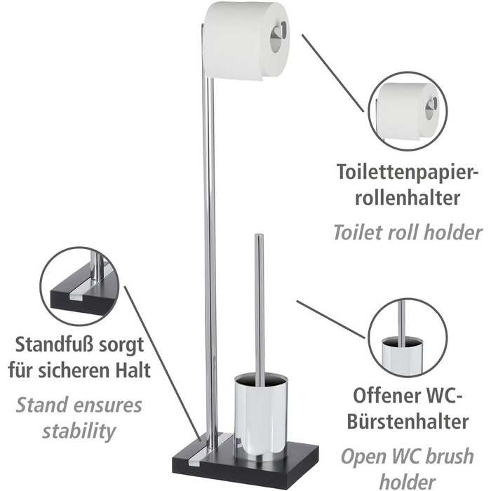 Набір для підвісного унітазу WENKO Noble White, тримач для туалетного рулону з щіткою, виготовлений з поліуретану білого кольору з хромованими деталями, 20 x 74 x 15 см (хром/чорний)