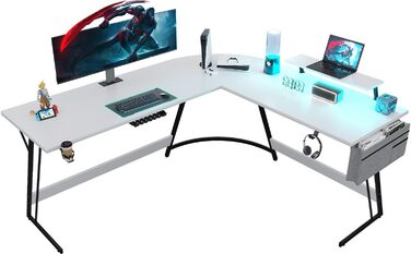 Ігровий стіл JUMMICO 130 см з LED та підставкою для монітора, кутовий, з кишенею, органайзером, великий L-подібний стіл для ПК, з кабелеуправлінням, тримачем для чашок та гачком для навушників, білий (160 x 130 см + LED)