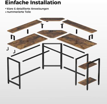 Кутовий стіл Rolanstar з RGB-підсвіткою та розетками, 135 см, для комп'ютера з підставкою для монітора та полицею, реверсивний, з 2 гачками, для спальні/офісу, вінтажний коричневий, 134,5 x 134,5 x 86,2 см