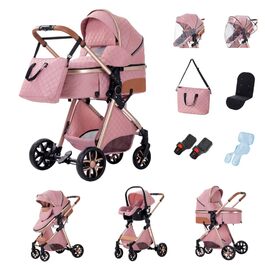 Дитяча коляска Glokid 3 в 1, комбінована коляска з подорожним системним набором, москітна сітка, дощовик, футм'юк, складна, положення для лежання, висока шасі (LV9 Рожевий)