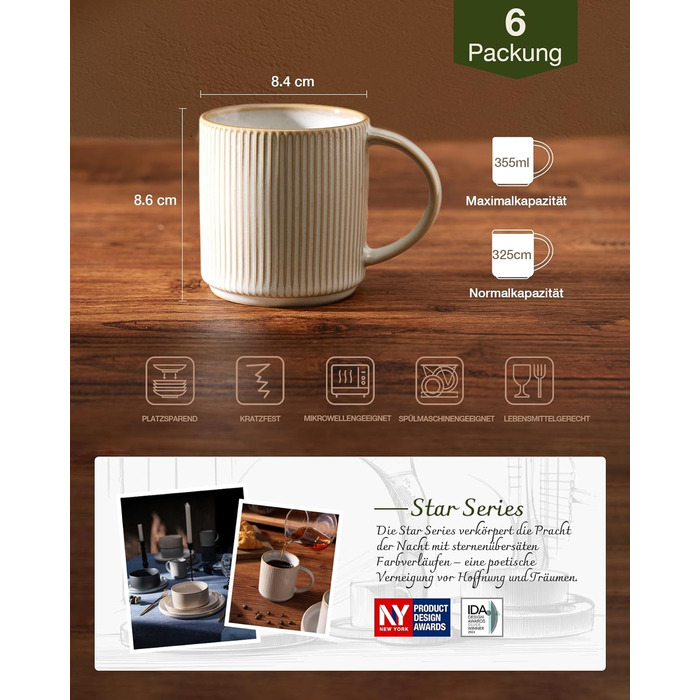 Набір тарілок Star 12 предметів для 4 осіб, керамічний посуд, стійкий до подряпин, для мікрохвильовки та посудомийної машини (Капучино, чашки 355 мл, 6 шт)